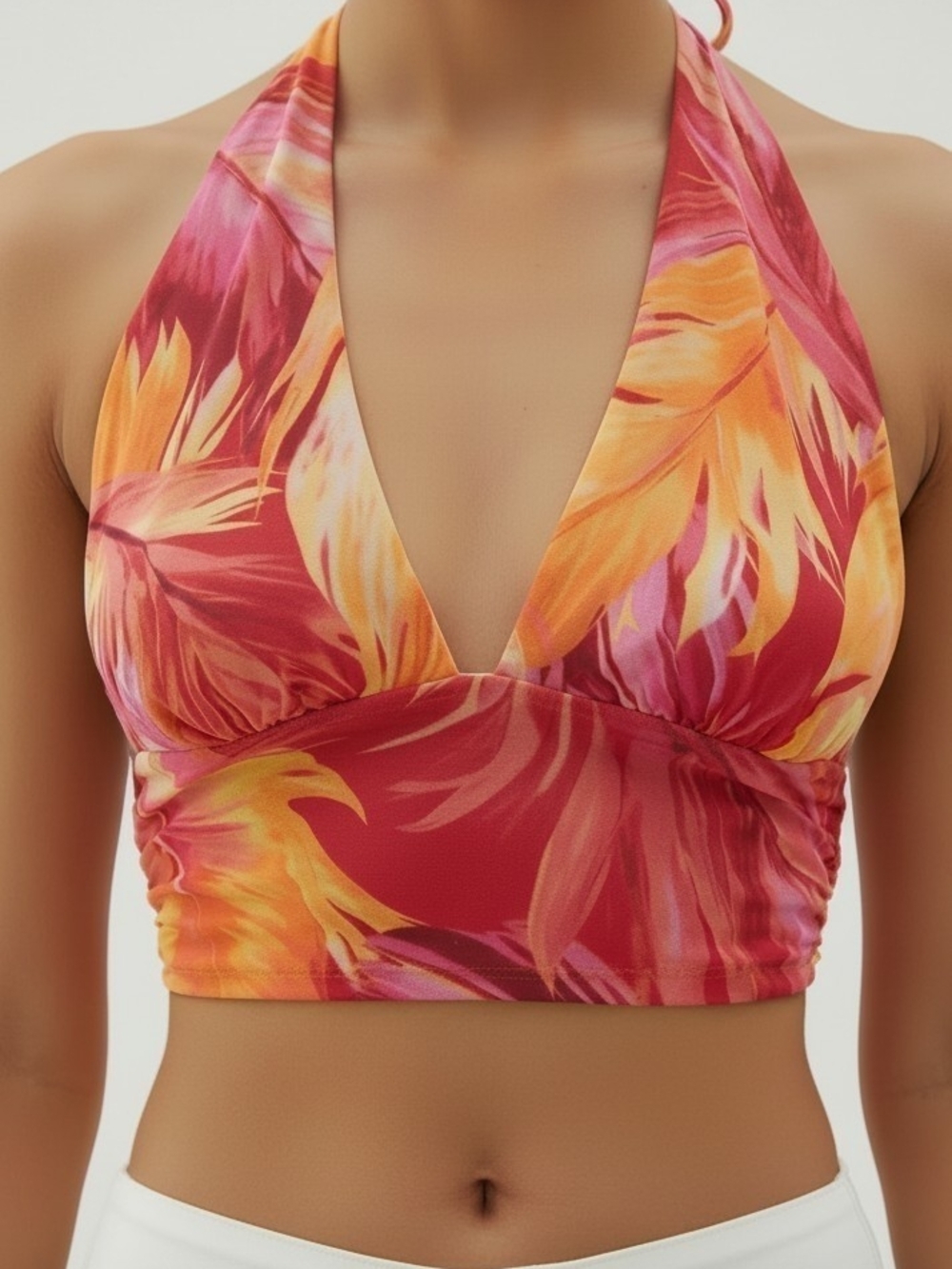 Attirance Vibrant Tropical Halter Top in Fuchsia & Coral